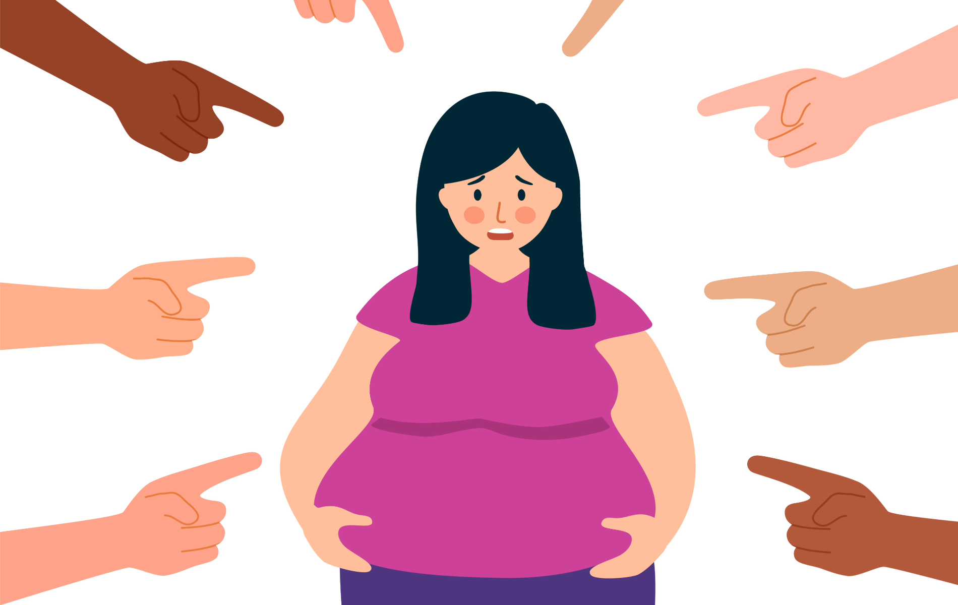 Menschen mit Adipositas werden in unserer Gesellschaft oft selbst für ihr Schicksal verantwortlich gemacht. Unsere Zeichnung zeigt eine Frau mit Übergewicht, auf die viele verschiedene Finger gerichtet sind.